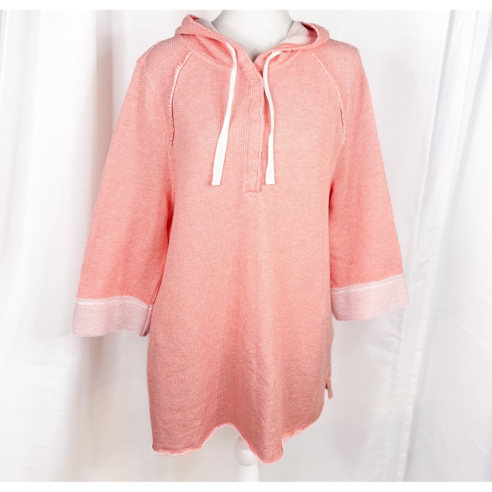 Soft Surroundings Just Beachy Pullover Hoodie L Coral Pink Cotton Tunic 2AG32
